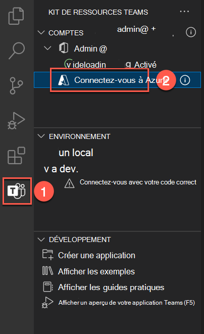 Capture d’écran du panneau Teams Toolkit avec le bouton permettant de se connecter à Azure.