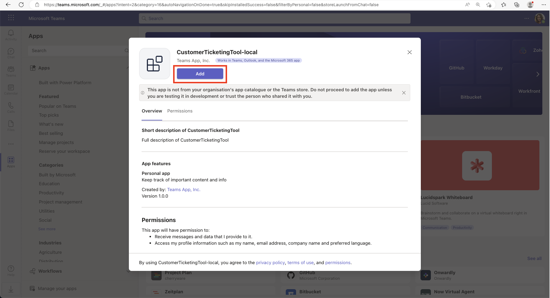 Capture d’écran montrant le bouton permettant d’ajouter une application à Microsoft Teams.