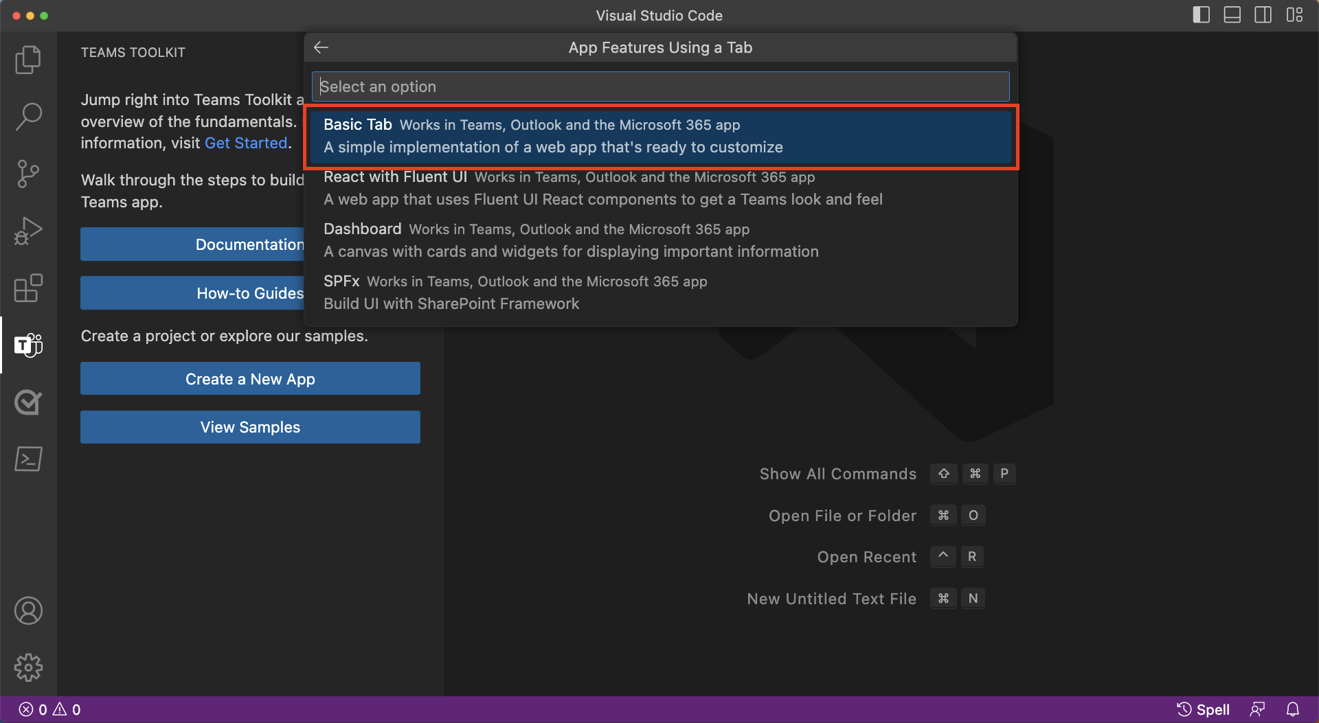 Capture d’écran montrant la sélection d’un type d’onglet d’application dans Visual Studio Code.