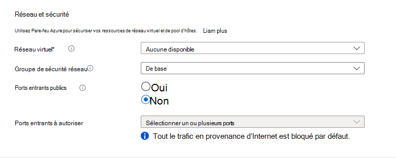 Capture d’écran de l’option Créer un pool d’hôtes du réseau de la machine virtuelle et sécurité