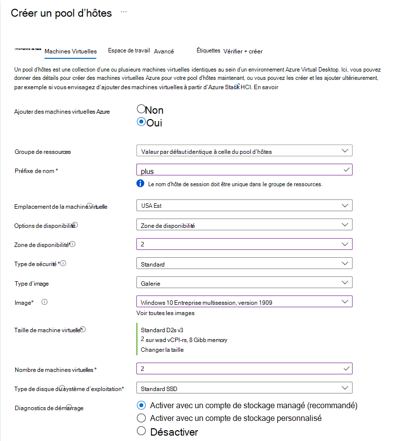 Capture d’écran de l’option Créer un pool d’hôtes de l’onglet Machine virtuelle dans Azure Virtual Desktop