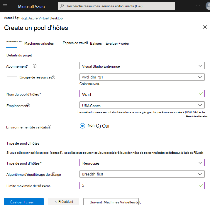 Capture d’écran de l’option Créer un pool d’hôtes de l’onglet Informations de base dans Azure Virtual Desktop