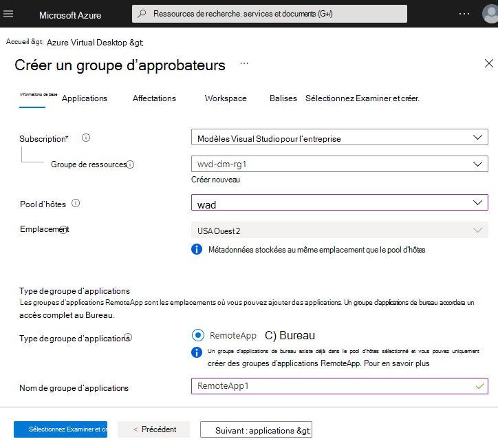 Capture d’écran de l’onglet concepts de base des groupes d’applications remplie à l’aide de valeurs du tableau.