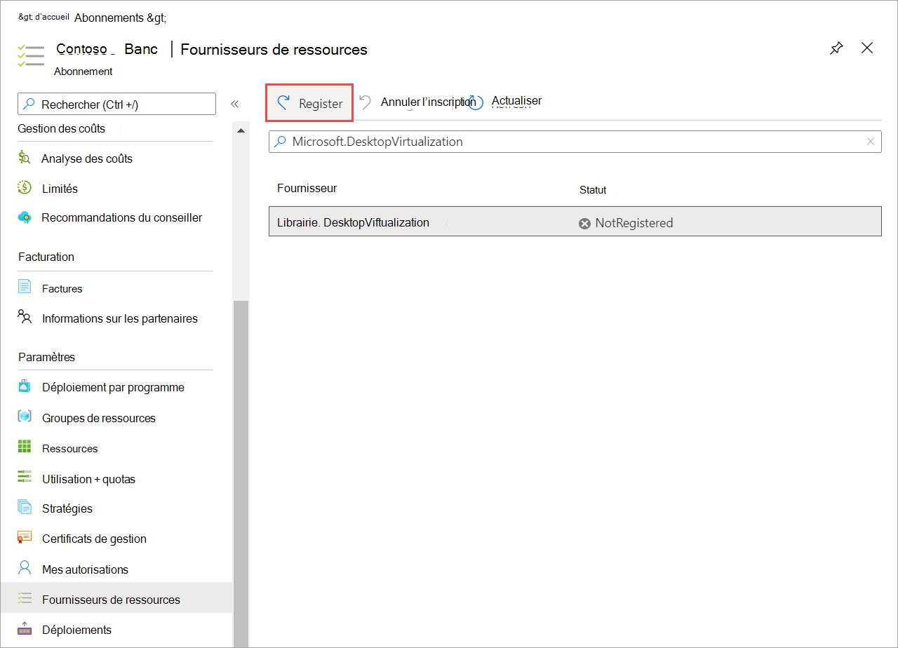 Capture d’écran des fournisseurs de ressources répertoriés et bouton Inscrire mis en évidence.