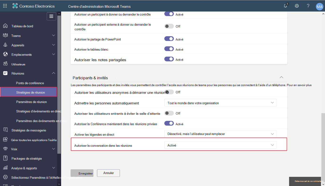 Capture d’écran montrant le Centre d’administration Teams autorisant la conversation dans les réunions.