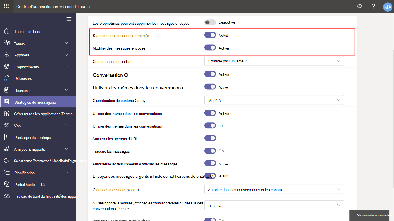 Capture d’écran montrant les options du Centre d’administration Teams pour supprimer et modifier les messages envoyés.