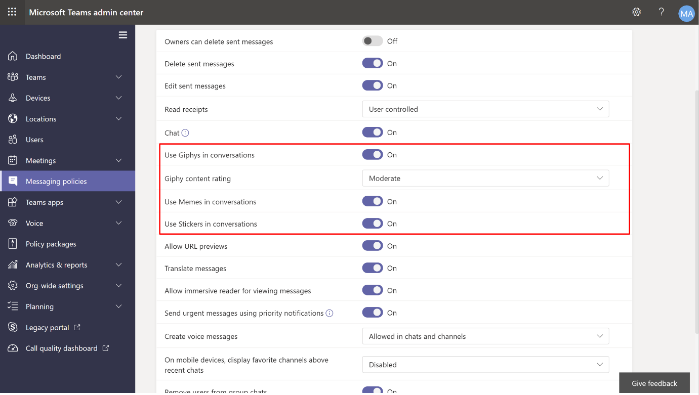 Capture d’écran montrant le Centre d’administration Teams dans lequel vous pouvez activer l’ajout de différents types d’images à un message.