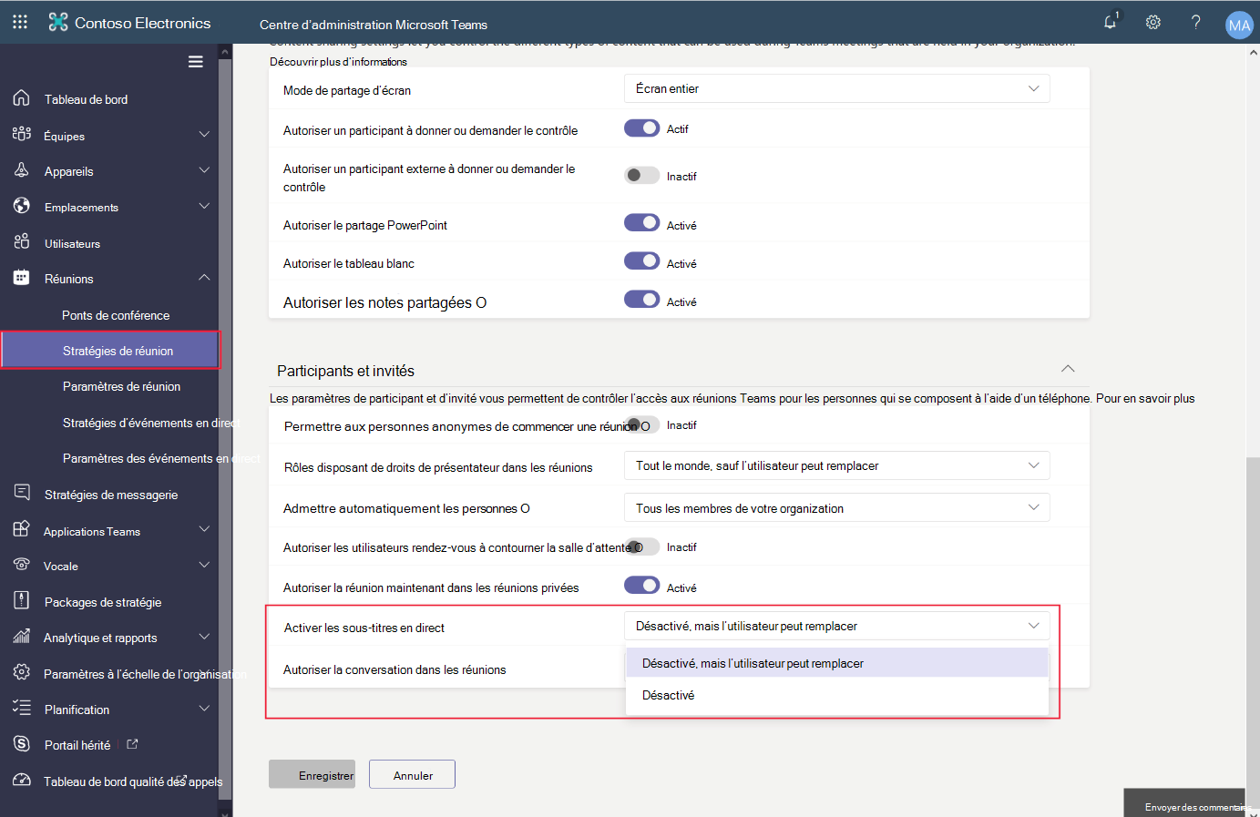 Capture d’écran montrant les stratégies de réunion dans le Centre d’administration Microsoft Teams.