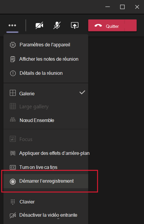  Capture d'écran montrant le menu de la réunion Microsoft Teams avec le démarrage de l'enregistrement en surbrillance. 