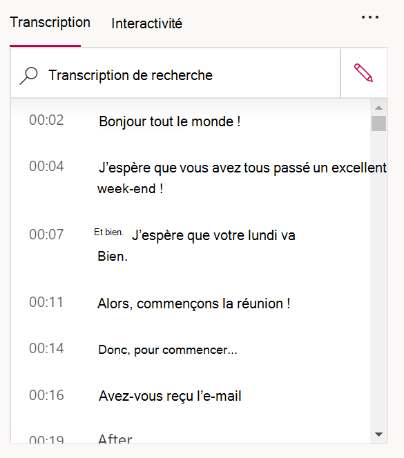 Capture d'écran montrant une transcription.