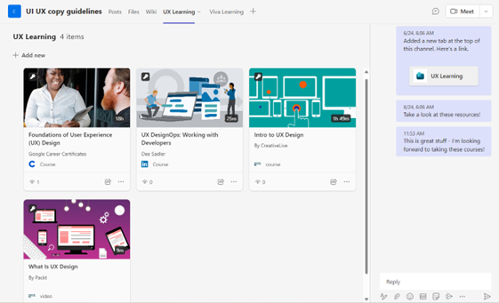 Capture d’écran de l’onglet d’apprentissage Viva Learning dans un canal Teams.
