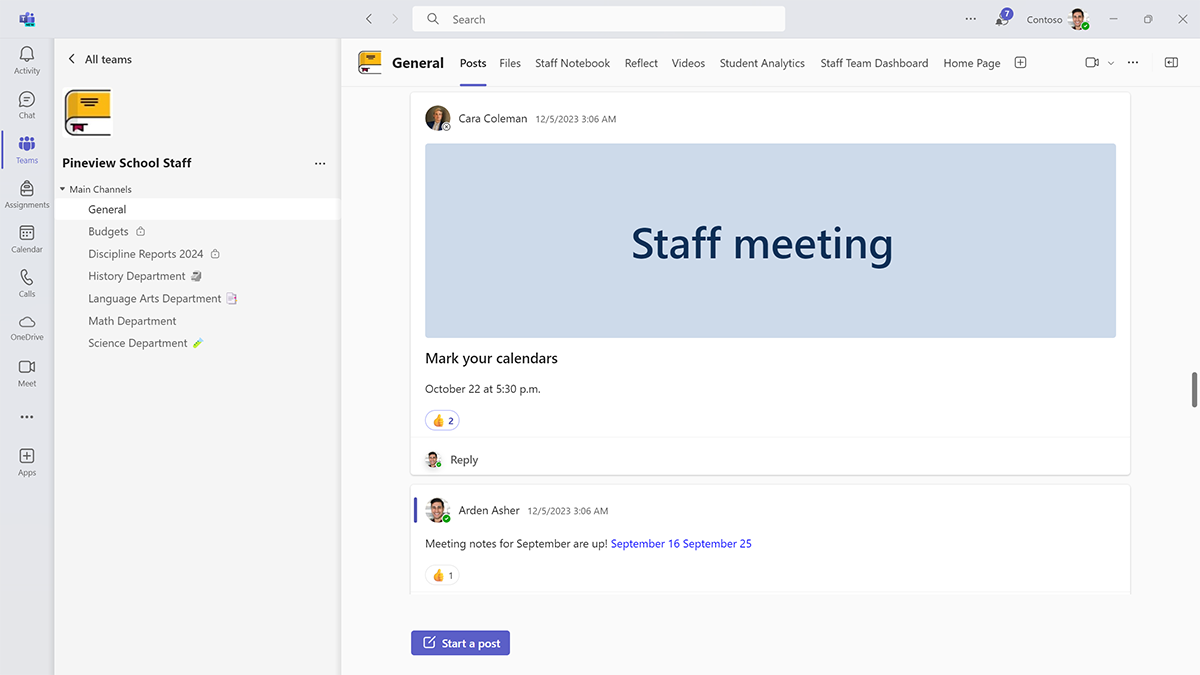 Screenshot of announcements about staff meetings in the general channel of a staff team in Microsoft Teams for Education.