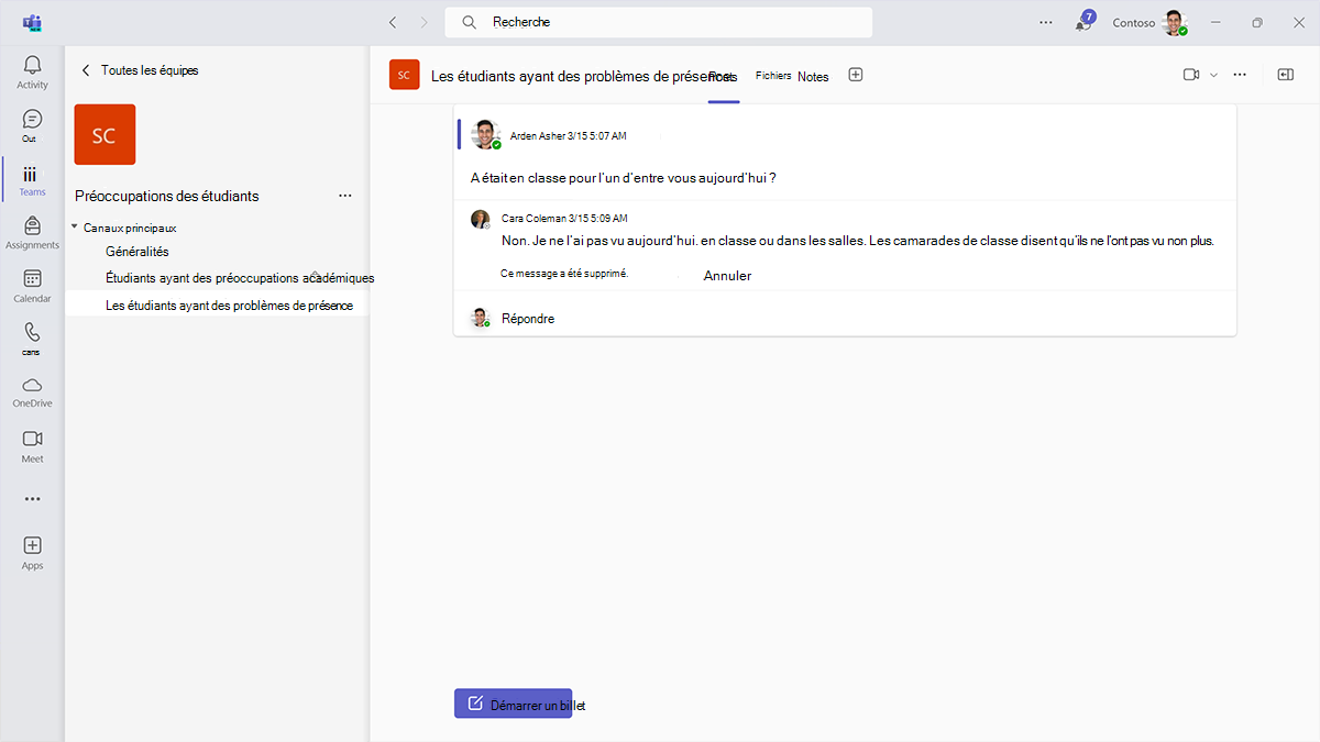 Capture d’écran de la liste des canaux et du billet de canal sur les problèmes de présence dans l’équipe Des préoccupations des étudiants dans Microsoft Teams pour l’éducation.