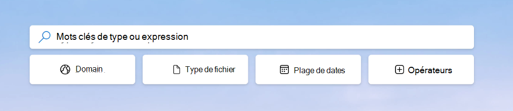 Capture d’écran des quatre modificateurs de recherche main dans Assistant de recherche : Domaine, Type de fichier, Plage de dates et Opérateurs.