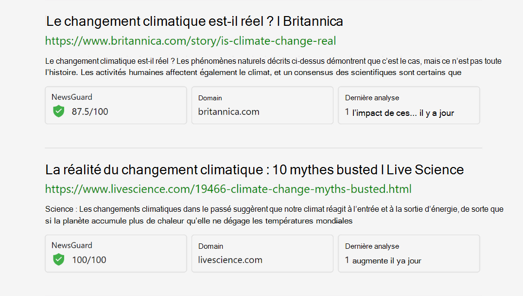 Capture d’écran des résultats de la recherche dans Assistant de recherche avec les évaluations de fiabilité de NewsGuard.