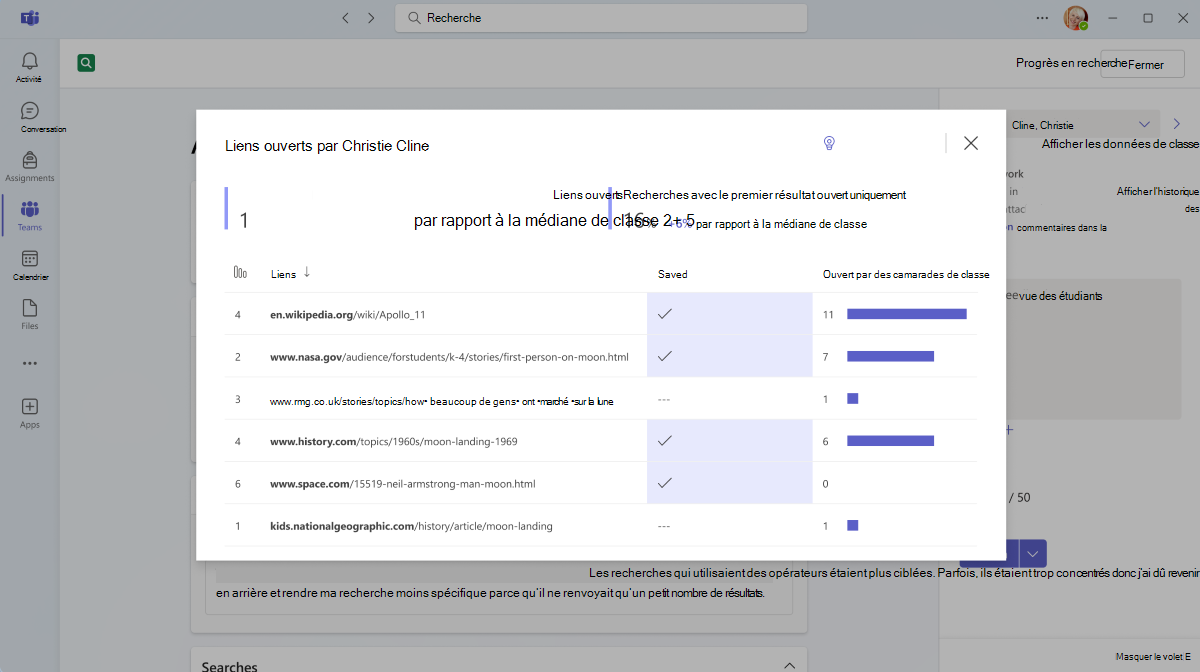 Capture d’écran de l’écran ouvert des liens de l’apprenant Progrès en recherche.