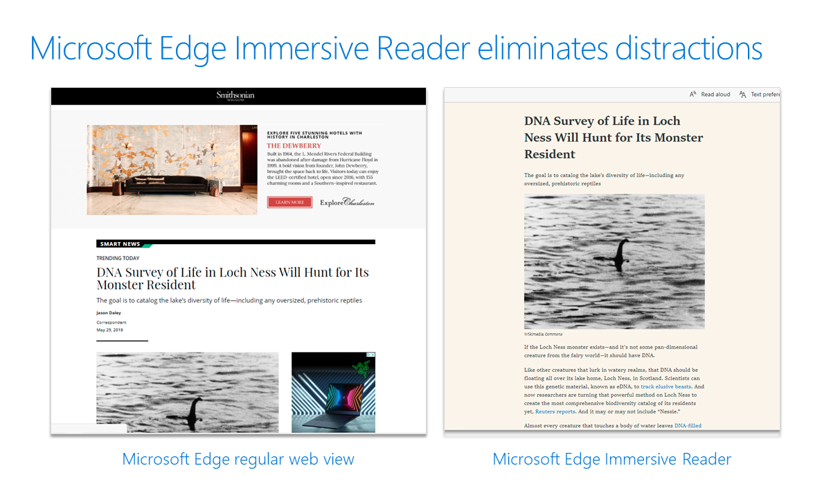 Captures d’écran montrant le Lecteur immersif de Microsoft Edge qui élimine les distractions.