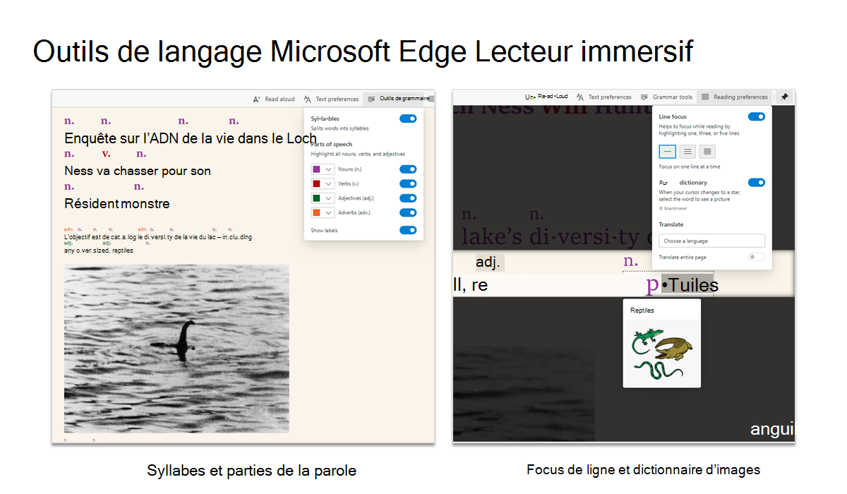 Captures d’écran montrant les Outils de langue du Lecteur immersif de Microsoft Edge en cours d’utilisation.