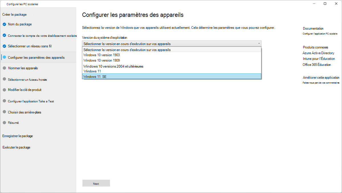 Capture d’écran montrant la configuration des paramètres de l’appareil dans l’application Configurer les PC scolaires.