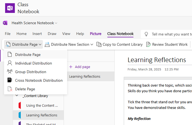 Capture d’écran d’une page d’apprentissage du bloc-notes OneNote pour la classe. La page contient une activité de réflexion d’apprentissage permettant aux étudiants d’évaluer leur sentiment sur leur sujet d’apprentissage et les compétences d’apprentissage sociale et émotionnel qu’ils ont démontrées. Le menu pour distribuer la page est mis en évidence.
