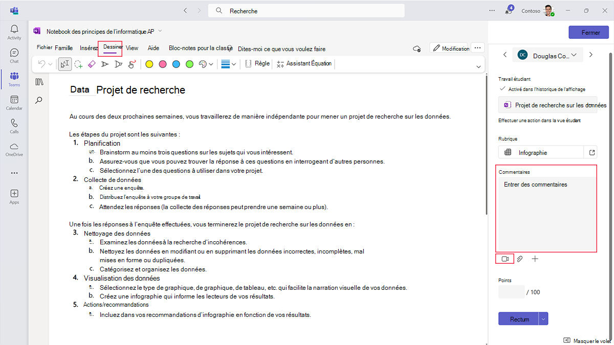 Capture d’écran montrant où les enseignants peuvent envoyer des commentaires en annotant, en tapant ou en enregistrant une vidéo lors de la notation d’un devoir dans Teams.