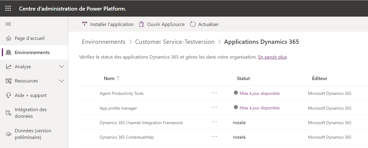 Capture d’écran de la vue Environnement présentant les applications Dynamics 365 que vous avez installées.