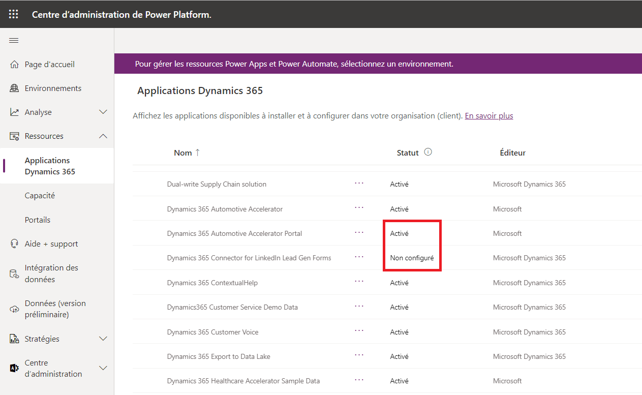 Capture d’écran de la vue abonné Gérer les applications présentant les statuts Activée et Non configurée.
