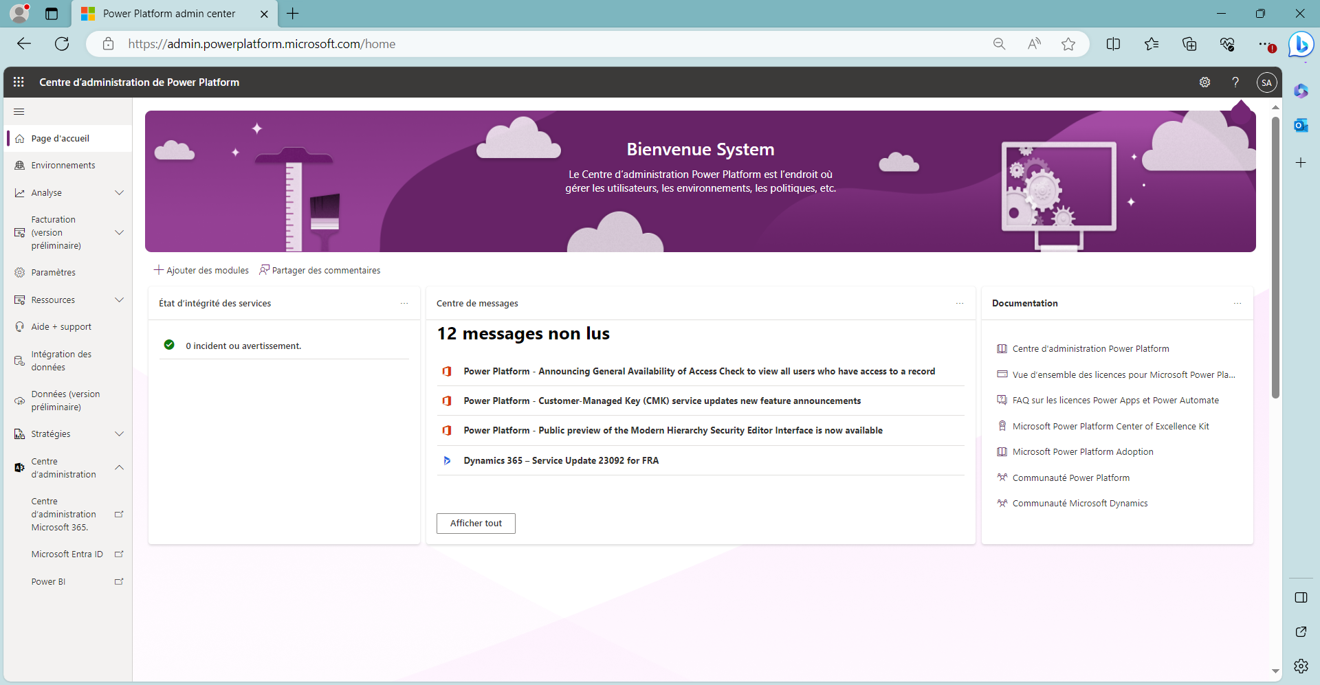Page d’ouverture du Centre d’administration Power Platform.
