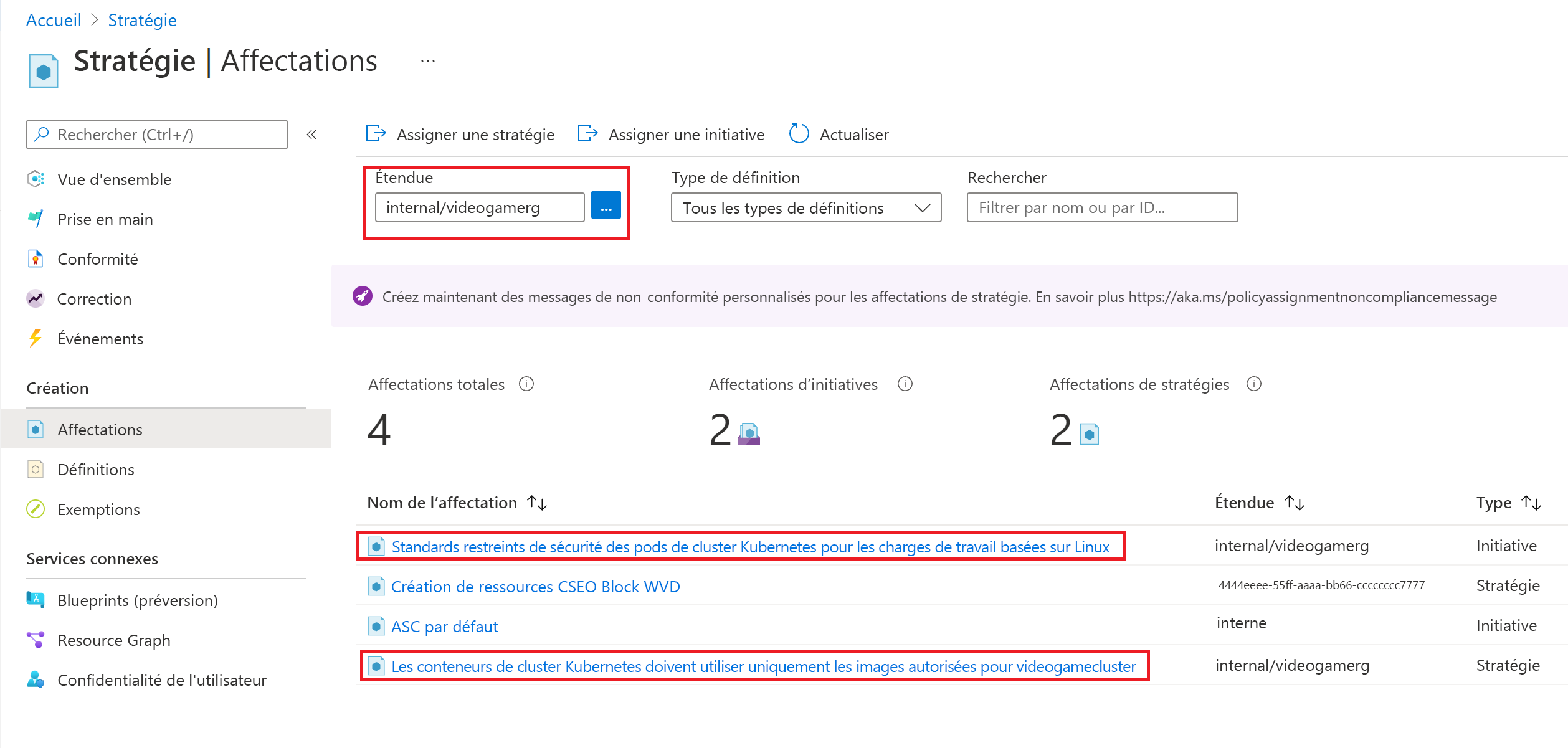 Capture d’écran montrant les affectations de stratégie à supprimer