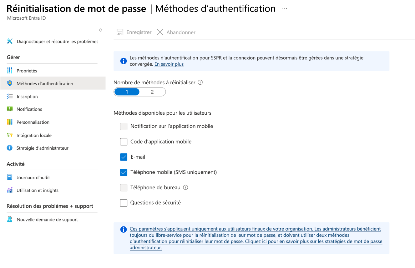 Capture d’écran du panneau Réinitialisation du mot de passe affichant les options d’authentification, avec l’option Méthodes d’authentification sélectionnée.