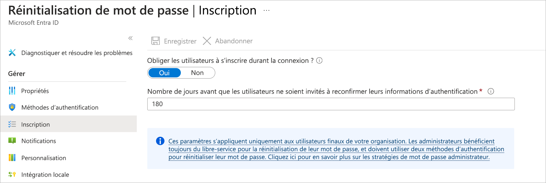 Capture d’écran du panneau Réinitialisation du mot de passe affichant les options d’inscription, avec l’option Inscription sélectionnée.