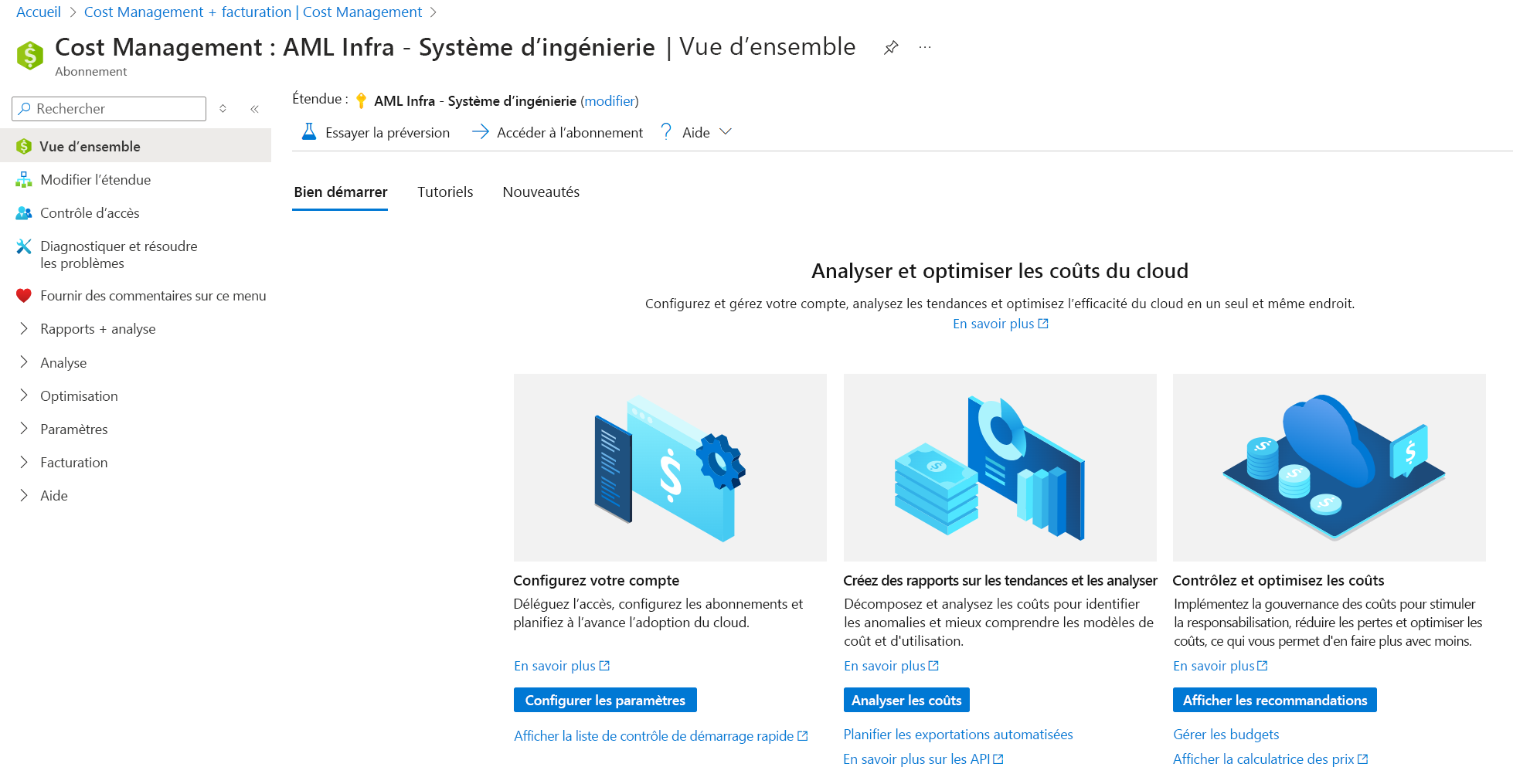 Capture d’écran du portail Azure montrant le panneau de vue d’ensemble de Cost Management, à partir de Gestion des coûts + facturation.