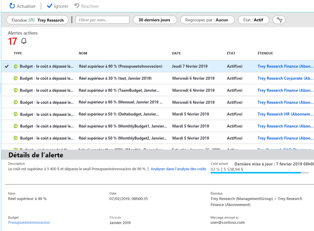 Capture d’écran listant les alertes de coût dans Cost Management.