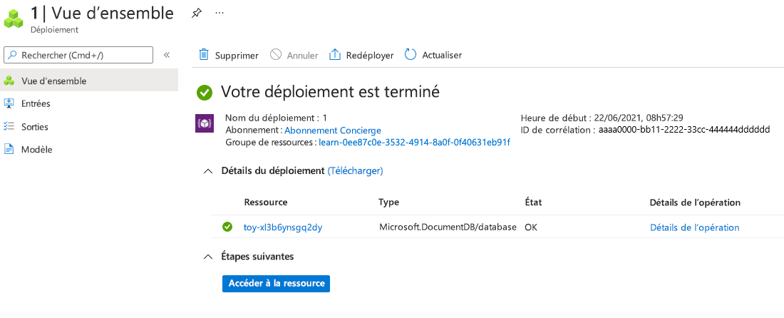 Capture d’écran de l’interface du portail Azure pour le déploiement spécifique avec trois ressources Azure Cosmos DB répertoriées.