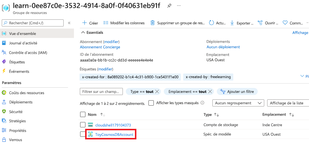 Capture d’écran de l’interface du portail Azure pour la vue d’ensemble du groupe de ressources, avec le spec de modèle inclus dans la liste des ressources.