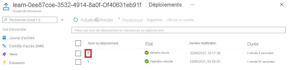 Screenshot of the Azure portal interface for the deployments, with two deployments listed.