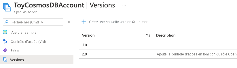 Screenshot of the Azure portal interface for the template spec, showing the list of versions as 1.0 and 2.0.