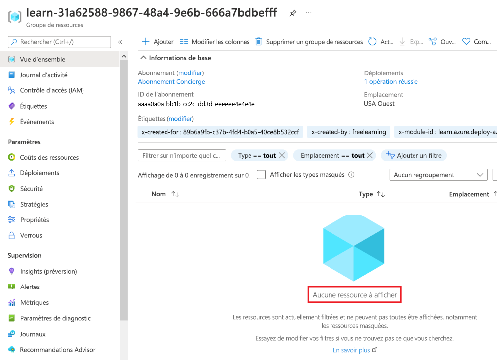 Capture d’écran de l’interface du portail Azure pour le déploiement complet, où la ressource de réseau virtuel ne figure plus.