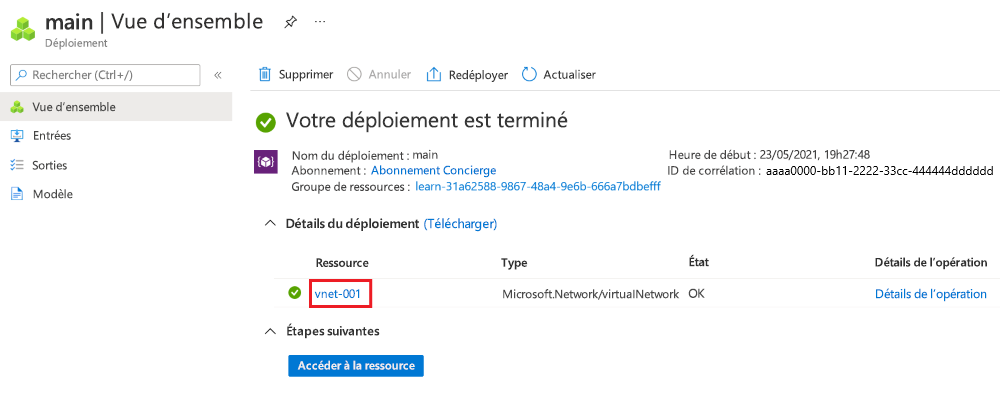 Capture d’écran de l’interface du portail Azure pour le déploiement spécifique, avec une ressource de réseau virtuel listée.