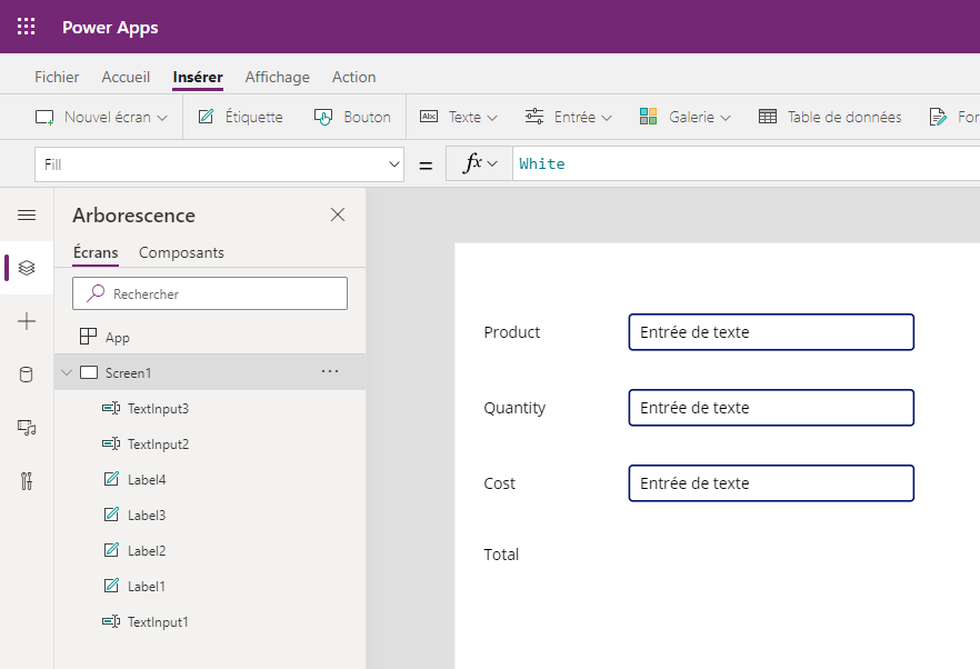 Capture d’écran d’entrées de texte Screen1 dans l’arborescence Power Apps.