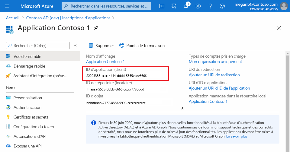 Capture d’écran mettant en évidence l’identifiant d’une application inscrite auprès de Microsoft Entra ID dans le Portail Azure.