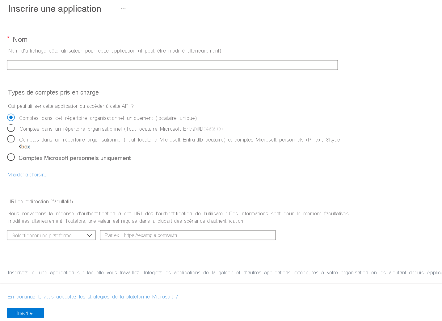 Capture d’écran montrant l’inscription d’une nouvelle application auprès de Microsoft Entra ID dans le Portail Azure.