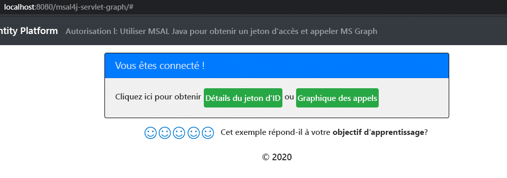 Capture d’écran montrant le nom d’utilisateur dans la page après une connexion réussie à l’exemple d’application.