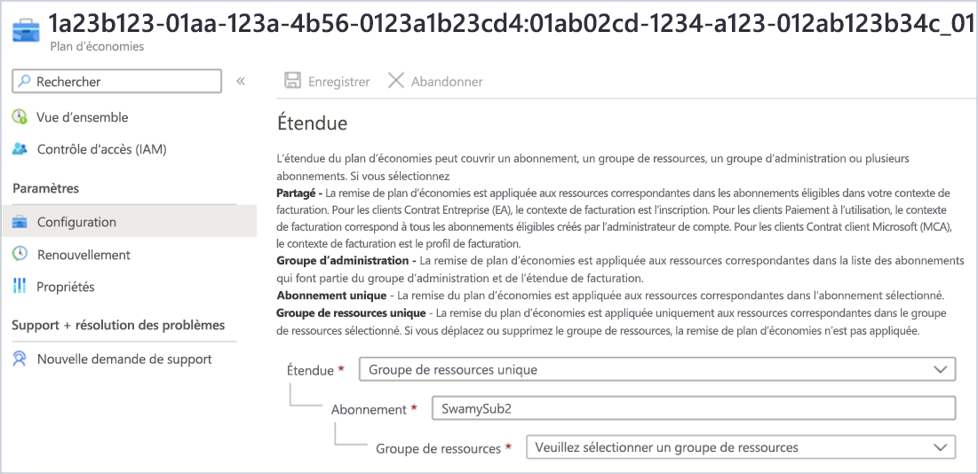 Capture d’écran montrant la description de l’étendue pour une étendue partagée, un groupe d’administration, un abonnement ou un groupe de ressources.