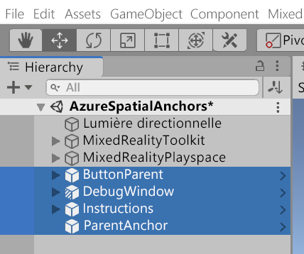 Screenshot of prefabs added to the Hierarchy pane.