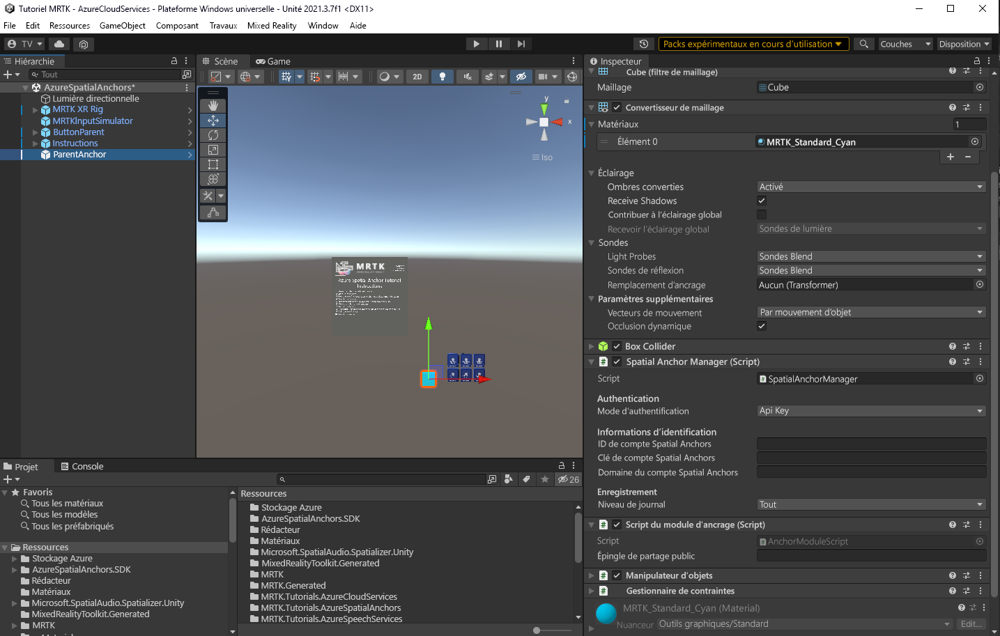 Screenshot of Unity with the Spatial Anchor Manager configured.