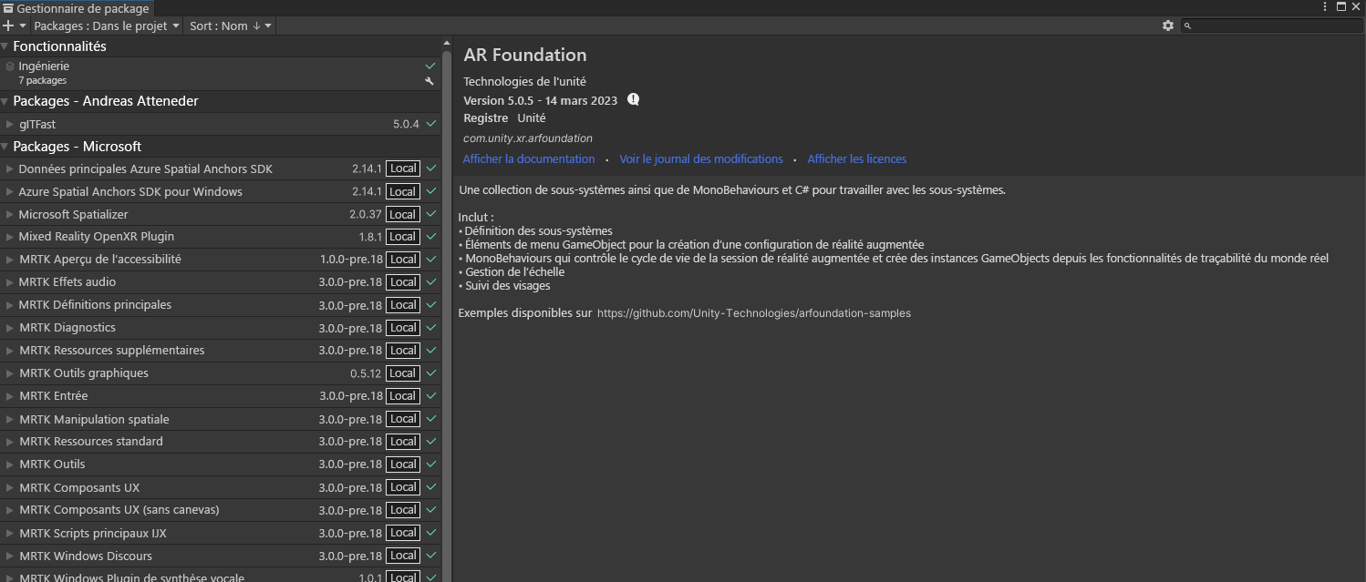 Screenshot of selections for verifying the AR Foundation version for Package Manager.