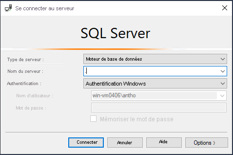 Capture d’écran montrant comment se connecter à SQL Server 2019 dans SSMS.