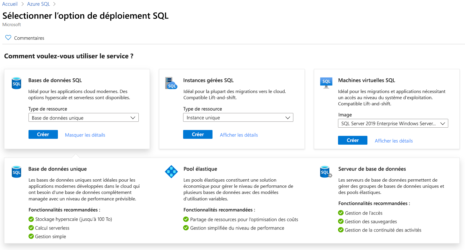 Capture d’écran qui montre les options de déploiement d’Azure SQL dans le portail Azure.