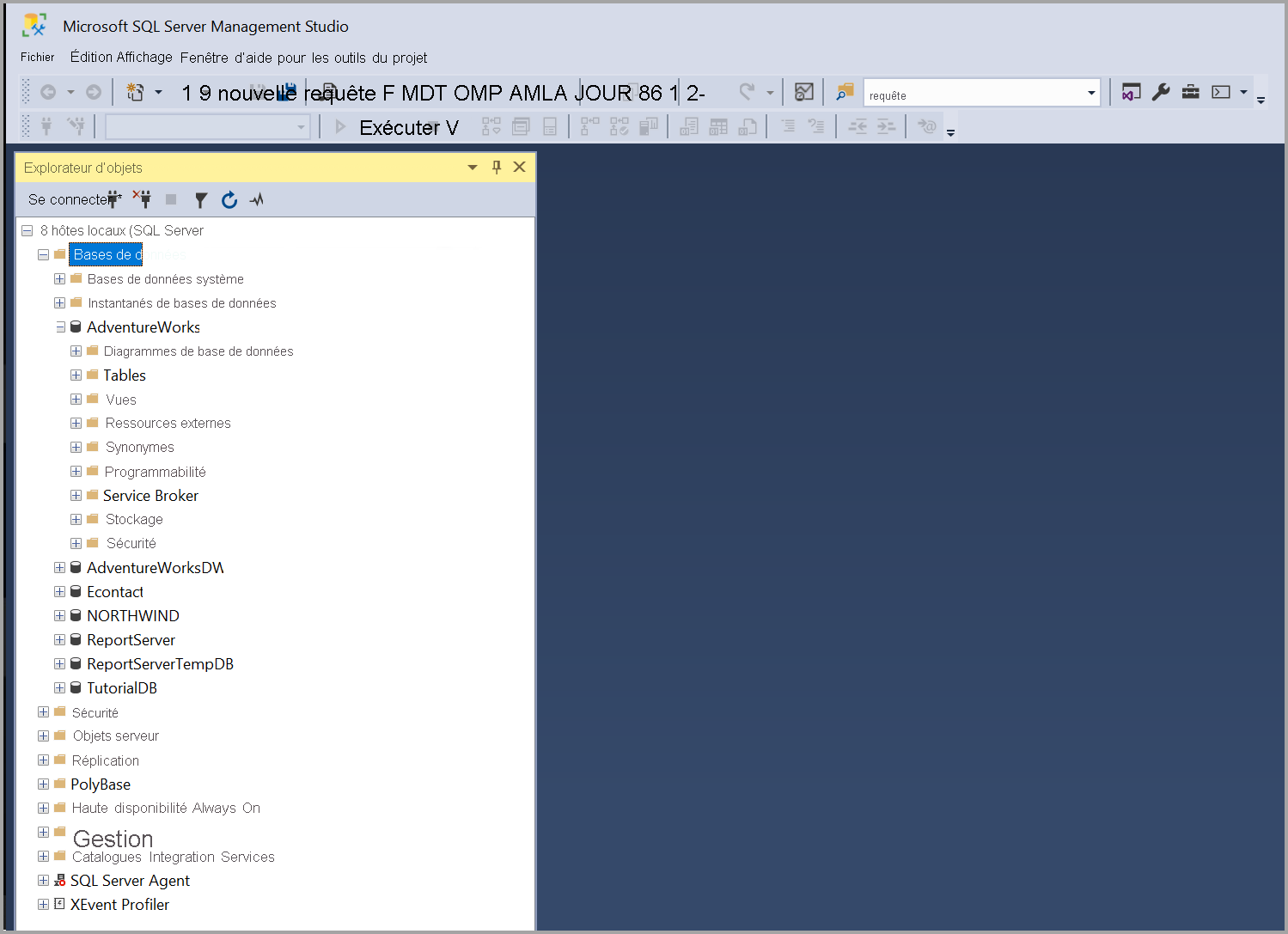 Capture d’écran qui montre SSMS (SQL Server Management Studio).